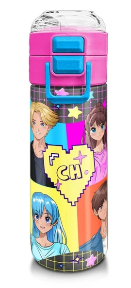 Coral High 500 ml Gri Mavi Pembe Anime Desenli  - Kız Çocuk Paslanmaz Çelik Okul Termosu/Suluk/Matara