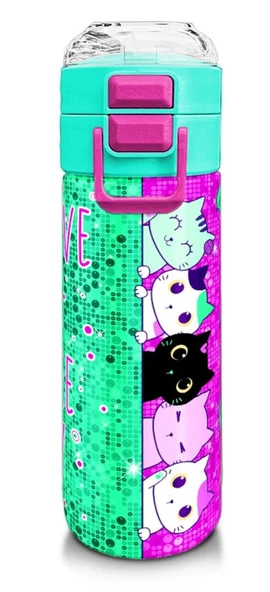 Coral High Kız Çocuk 500 ml Okul ve Günlük Paslanmaz Çelik Termos - Pembe Su Yeşili Kedi Desenli  - Sızdırmaz