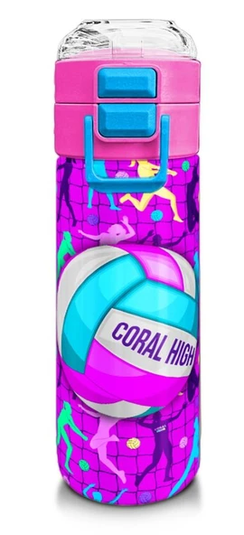 Coral High Kız Çocuk 500 ml Okul ve Günlük Paslanmaz Çelik Termos - Pembe Mor Voleybol Desenli - Sızdırmaz
