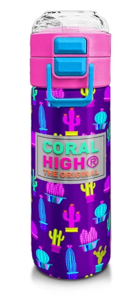 Coral High Kız Çocuk İçin 500 ml'lik Paslanmaz Çelik Termos/Suluk - Mor Pembe Kaktüs Desenli