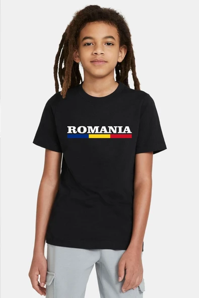 Romania Flag Lettern Siyah Çocuk Tshirt