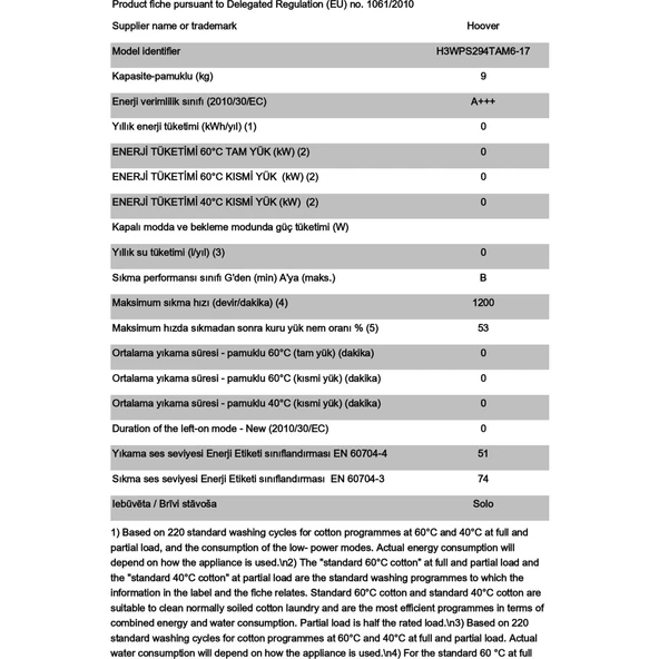 Hoover H3WPS294TAM6-17 9 kg 1200 Devir Çamaşır Makinesi - 6