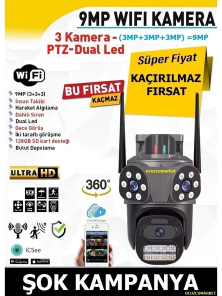 Üç Kameralı Speed Wifi Kamera (Alarm Siren- Uzaktan izleme-Kayıt Etme-Gece Görüş-Hareket Algılama)