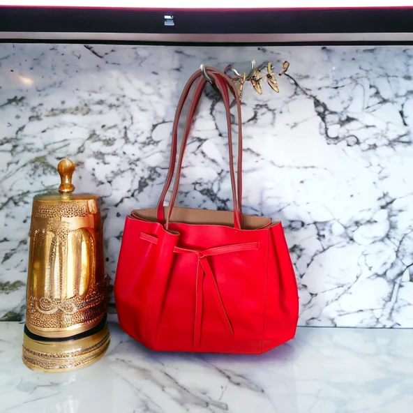 Estee Lauder. kırmızı Deri Omuz Çantası-genişlik-42-derinlik-37-VİNTAGE - 3