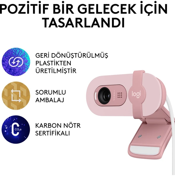 Logitech BRIO 100 Full HD 1080p Gizlilik Kapaklı Mikrofonlu Web Kamerası - Pembe - 9