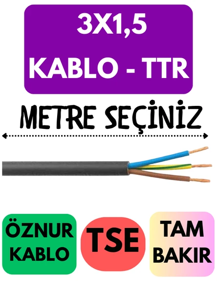 Öznur 3X1,5 TTR Kablo Metre Seçenekli (Siyah)