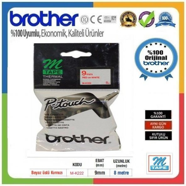 Brother P-Touch M-K222 M-TAPE 9 MM Beyaz Üzerine Kırmızı Termal Etiket