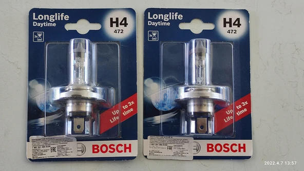 Bosch H4 Far Ampulu (2 li set)12V 60/55W H4 LONGLIFE DAYTIME (3 Kat Uzun Ömürlü)