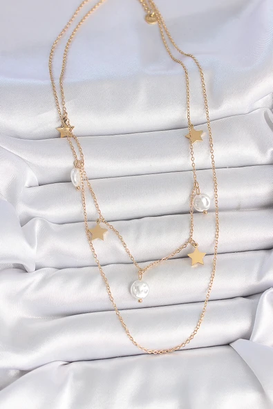 316L Çelik Gold Renk 2'Li Zincir Sallantı Yıldız İnci Model Kadın Kolye - TJ-BKO10110 - Resim 2