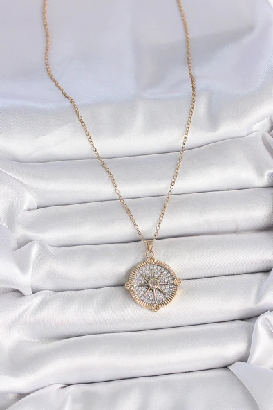316L Çelik Gold Renk Zirkon Taşlı Pusula Model Kadın Kolye - TJ-BKO10093 - Resim 2
