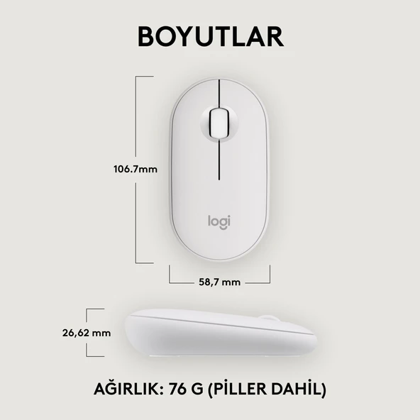 Logitech M350s Pebble 2 Bluetooth Kablosuz Sessiz Kompakt Mouse - Beyaz - Resim 8
