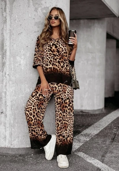 Kadın Dalgıç Kumaş Leopar Desenli Fermuar Detaylı Ikili Tamım - 3