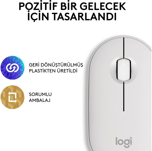 Logitech M350s Pebble 2 Bluetooth Kablosuz Sessiz Kompakt Mouse - Beyaz - Resim 10