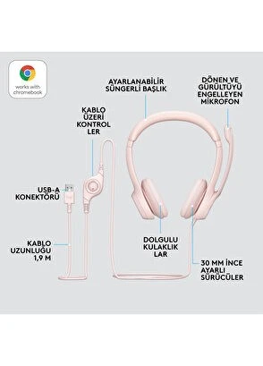 Logitech 981­001281 H390 USB Gürültü Önleyici Mikrofonlu Gül Rengi Kulaklık - 8