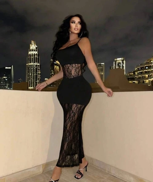 Kadın Dalgıç Kumaş Dantel Detaylı Maxi Boy Elbise - Resim 2