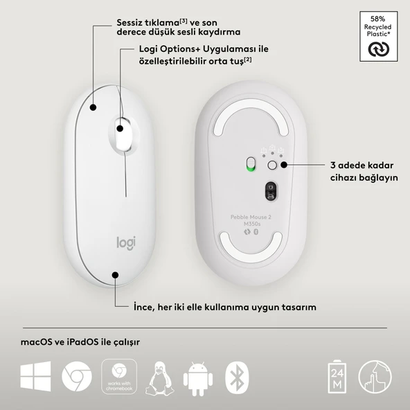 Logitech M350s Pebble 2 Bluetooth Kablosuz Sessiz Kompakt Mouse - Beyaz - Resim 6