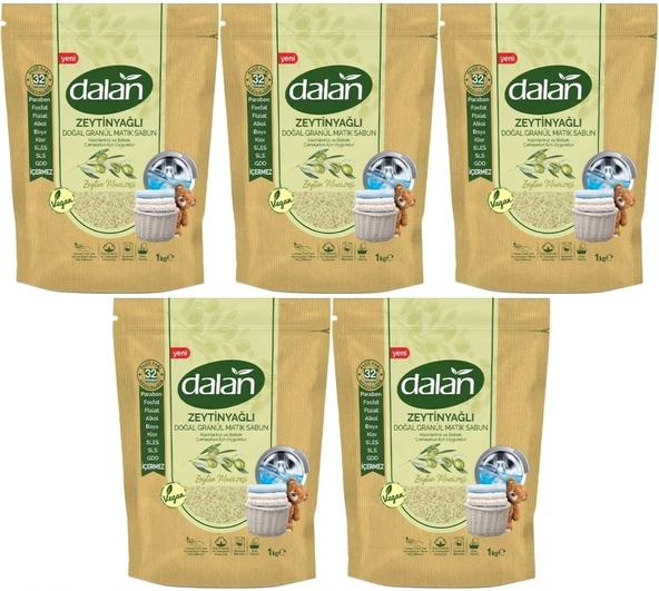 Dalan Doğal Granül Sabun Tozu 1KG Bebekler İçin %100 Zeytinyağlı (5 Li Set)