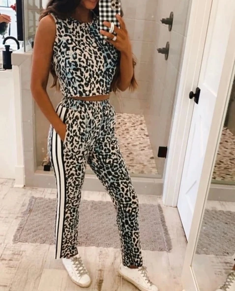 Kadın Dalgıç Kumaş Dijital Leopar Baskılı şerit Detaylı Takım ürün görseli