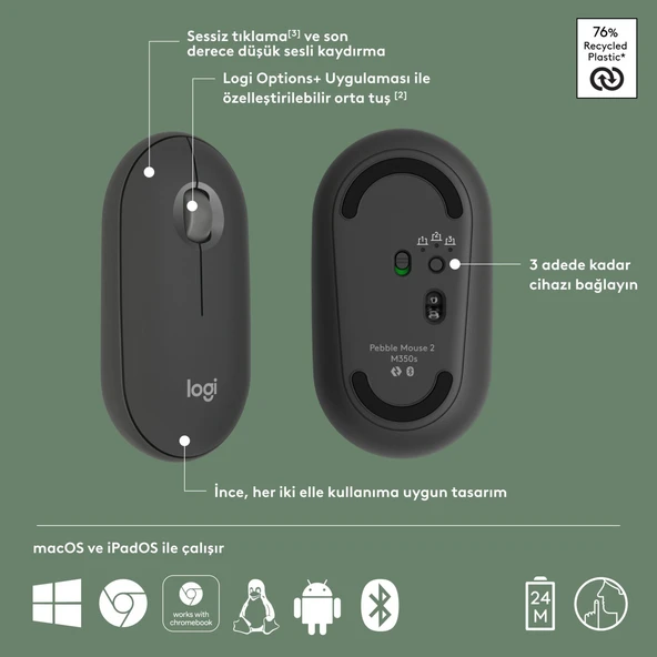 Logitech M350s Pebble 2 Bluetooth Kablosuz Sessiz Kompakt Mouse - Siyah - Resim 6