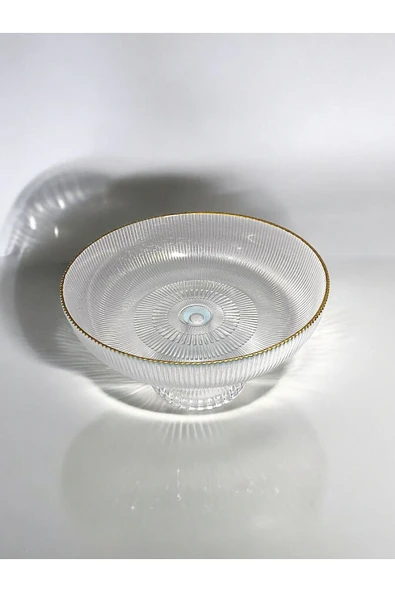 24 cm Ayaklı Cam Sunumluk | Altın Çizgili Şık Sunum Tabağı | Pasta Kurabiye Servis Tabağı - 2