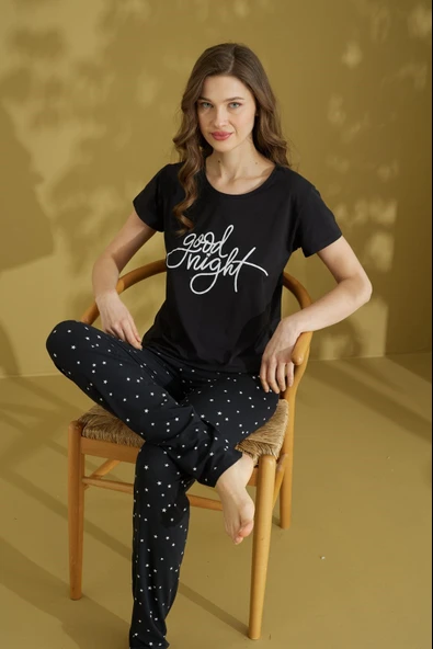 Kadın Desenli V Yaka Düğmesiz Yazlık Viskon Kısa Kol Pijama Takımı - 2