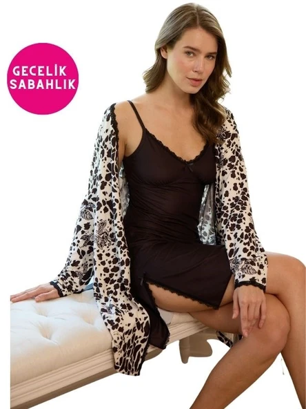 Kadın Çiçekli İp Askılı İnce Dantel Detaylı Çift Taraf Yırtmaçlı 2li Mini Gecelik Sabahlık-Çeyizlik - 5