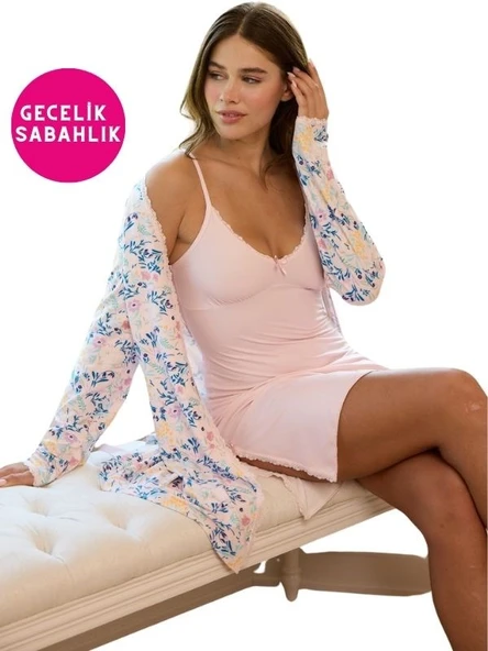 Kadın Çiçekli İp Askılı İnce Dantel Detaylı Çift Taraf Yırtmaçlı 2li Mini Gecelik Sabahlık-Çeyizlik - 6