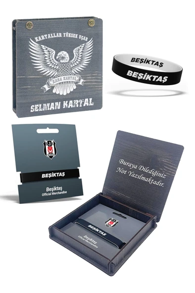 Beşiktaş Orijinal Çift Taraflı Silikon Bileklik İsme Özel Hediyelik Ahşap Kutulu