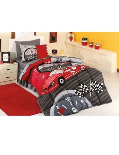 By Taç Tek Kişilik Uyku Seti %100 Pamuklu Kumaş Ranforce Yarış Arabalı Formula Model Yarışçı