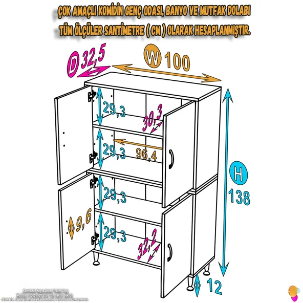 Modilayn İLKİM 100x138x32,5 cm Ekstra Düzen İçin Kullanışlı 4 Kapak 4 Bölmeli Banyo Mutfak Dolabı - 4