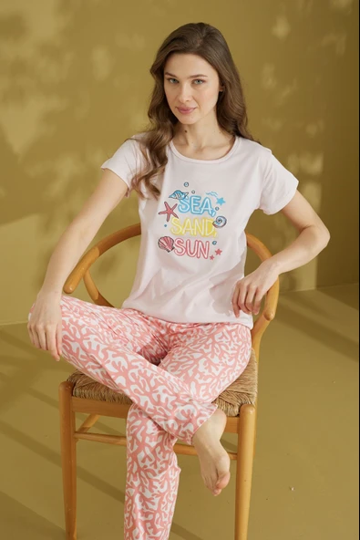 Kadın Desenli Bisiklet Yaka Düğmesiz Pamuklu Yazlık Kısa Kol Pijama Takımı - 2