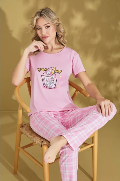 Kadın Desenli Bisiklet Yaka Düğmesiz Pamuklu Yazlık Kısa Kol Pijama Takımı - 7