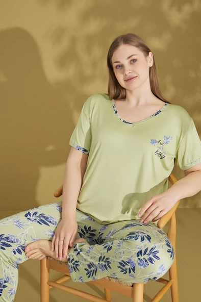 Kadın Düğmesiz V Yaka Yazlık Pamuk Likra Büyük Beden Kısa Kol Pijama Takımı