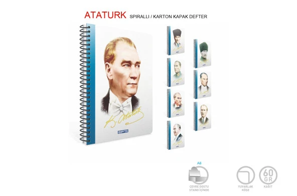 Gıpta Atatürk Spiralli Karton Kapak Defter A6 80 Yaprak Çizgili (2614)