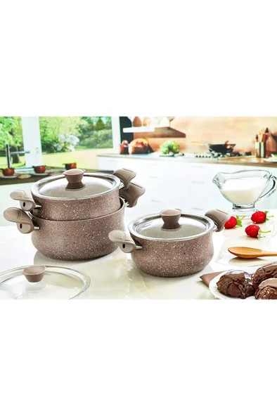 OMS 3027 6 Parça Granit Güveç Set Cam Kapaklı Kahverengi