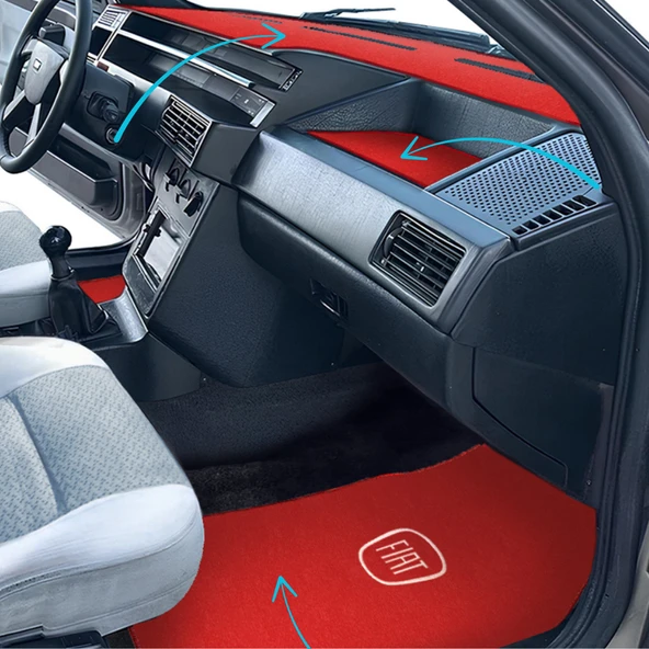 Fiat Tipo Tempra 5 Parça Nakışlı Kırmızı Oto Halı Paspas Fiat Tipo Tempra Torpido Koruma Halısı