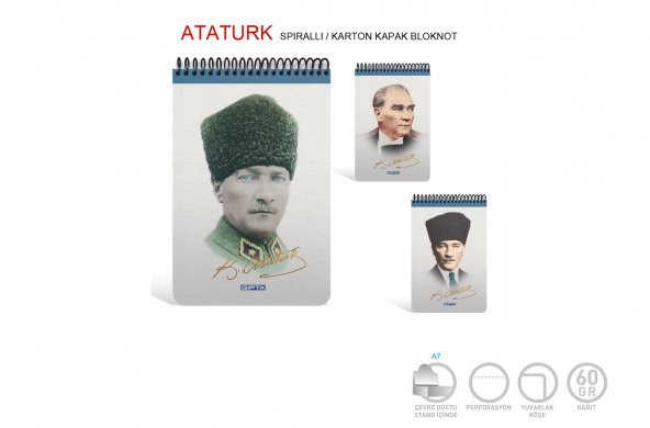 Gıpta Bloknot Atatürk A5 Sert Kapak 100 Yaprak Çizgili Üstten Spiralli Defter