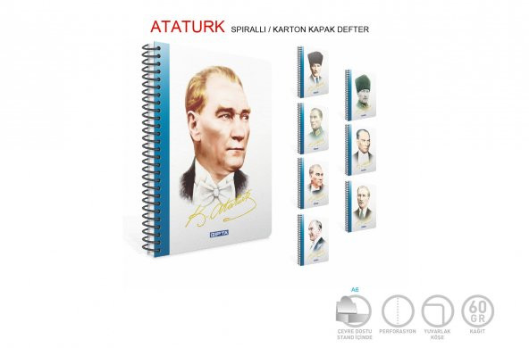 Gıpta Atatürk A4 Karton Kapak 80 Yaprak Çizgili Spiralli Defter