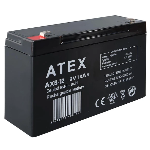 Atex AX6-12 6 Volt - 12 Amper Kuru Akülü Oyuncak Araba Aküsü Bakımsız (150 X 50 X 94 MM)