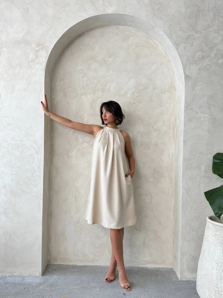 Kadın sıfır kol yazlık rahat kesim salaş elbise - 6