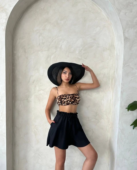 Kadın rahat volanlı bağcık aksesuarlı keten şort - 6