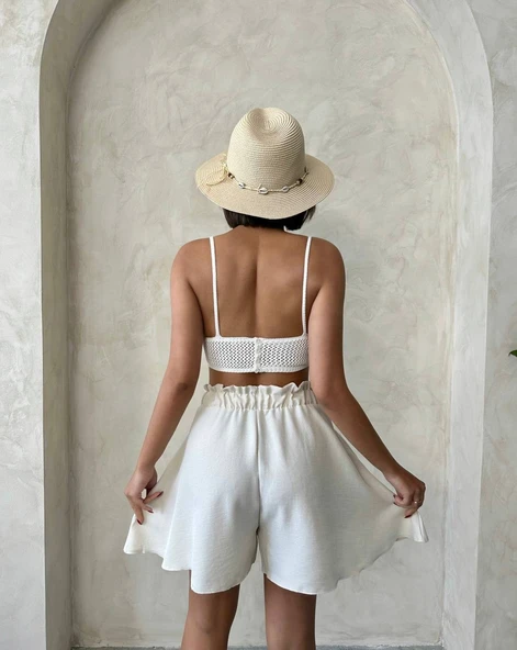 Kadın rahat volanlı bağcık aksesuarlı keten şort - 5
