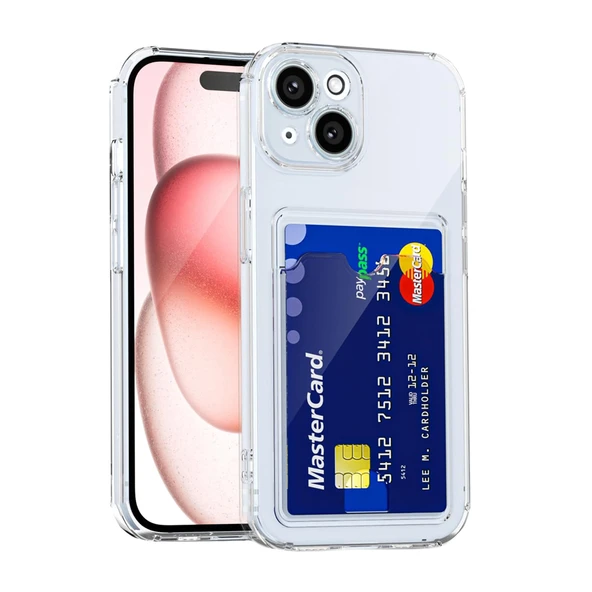 iPhone 15 Kılıf Cardy Şeffaf Kartlık Cepli Kapak - 1