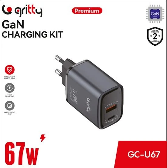 Gritty GAN 67W Notebook Şarjlı 2 Portlu USB-A Type-C PD Hızlı Şarj Adaptörü Siyah (GC-U67) - 3