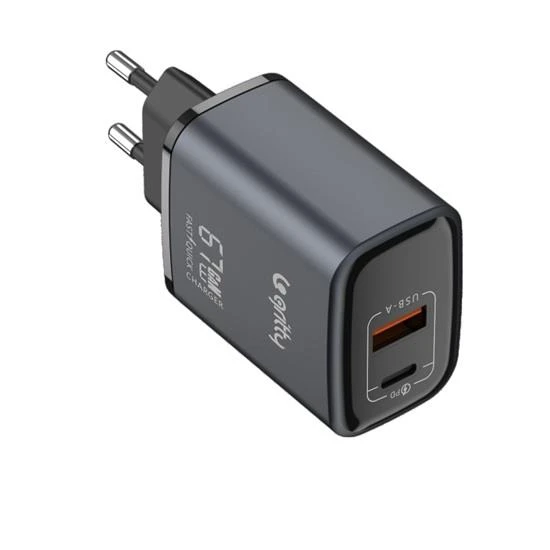 Gritty GAN 67W Notebook Şarjlı 2 Portlu USB-A Type-C PD Hızlı Şarj Adaptörü Siyah (GC-U67)