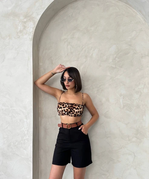 Kadın Kemerli Çok Şık Gabardin Şort - 4