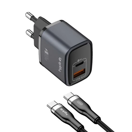 Gritty GAN 35W 2 Portlu USB-A Type-C PD Şarj Aleti Siyah+Type-C to Type-C Şarj Kablosu (GC-U35CC)