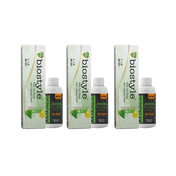 Biostyle Bitki Özlü Argan ve Keratin 8.33 Bal Köpüğü 3 Adet 60 ML Saç Boyası + 3 Adet 90 ML Oksidan
