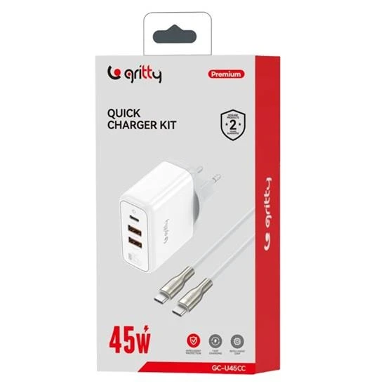 Gritty 45W 3 Portlu USB-A1 USB-A2 USB-C Hızlı Şarj Aleti Beyaz + Type-C to Type-C Şarj Kablosu  (GC-U45CC) - 2