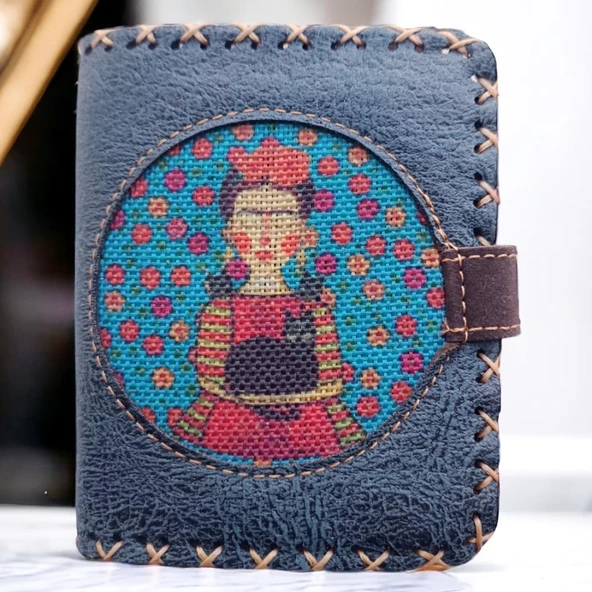 El Yapımı Kadın Cüzdan Vegan Deri Frida Kahlo Görselli Mavi Renk